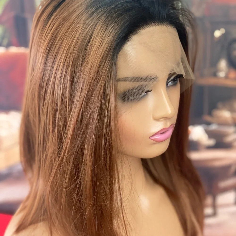 free part invisible lace front wig with roots auburn